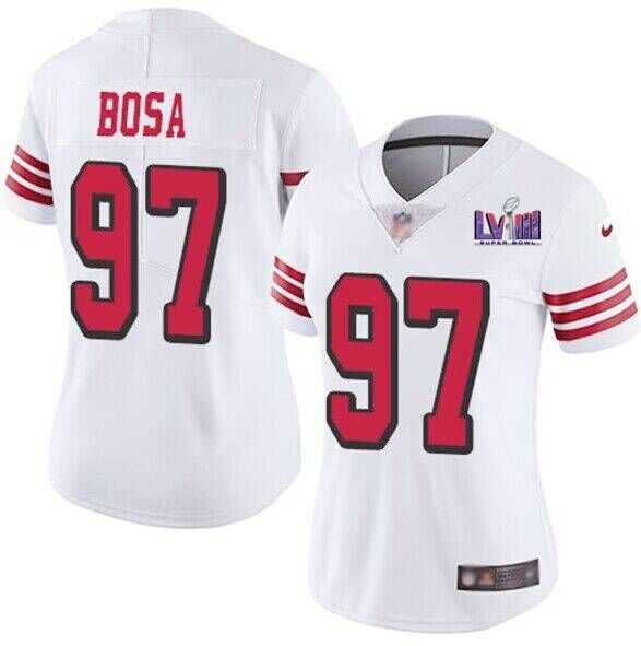 Womens San Francisco 49ers #97 Nick Bosa New White Super Bowl LVIII Patch Vapor Untouchable Limited Stitched Jersey->women nfl jersey->Women Jersey